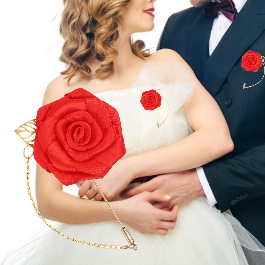 8PCS Simple Beautiful Ribbon Metal Golden Leaf Chain Bridal Rose Flower Brooch Pin Decoration