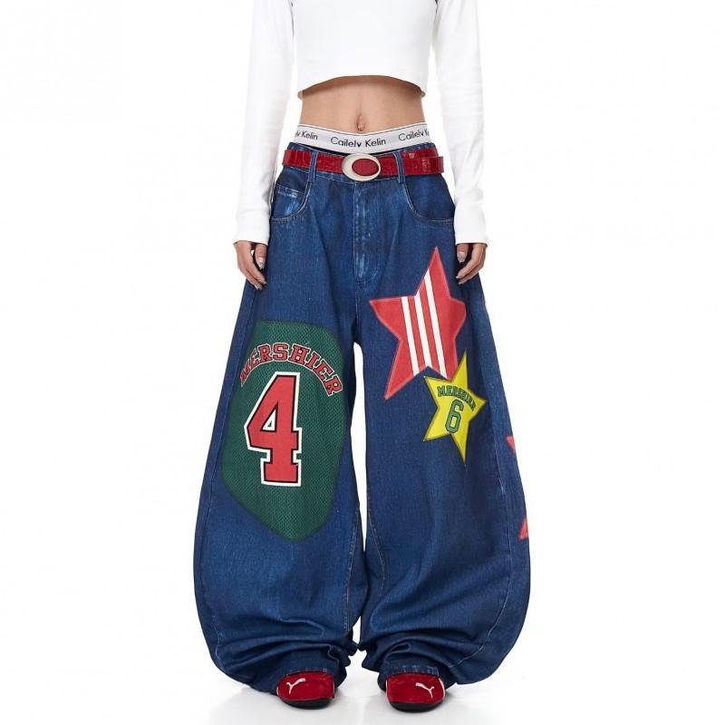 2026 Embroidered Denim Pants Loose Fit High Street Style Wide Leg Jeans Teens