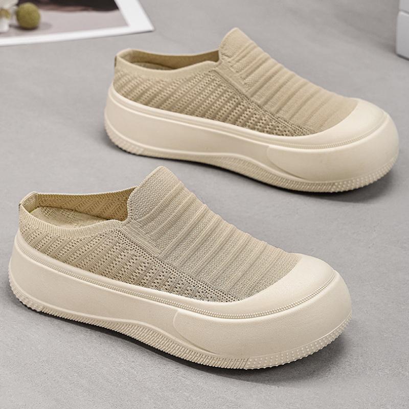 Summer Breathable Thick Soled Shoes with Toe Caps, Solid Color, Shallow Opening, Height Increasing Shoes, Simple Soft Sole, Half Support