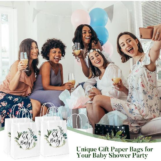 Fumete 50 Pcs Baby Shower White Paper Bags Bulk with Handles Greenery Eucalyptus Paper Bags Greenery Paper Goodie Bag Gift Wrap Bag for Baby Shower