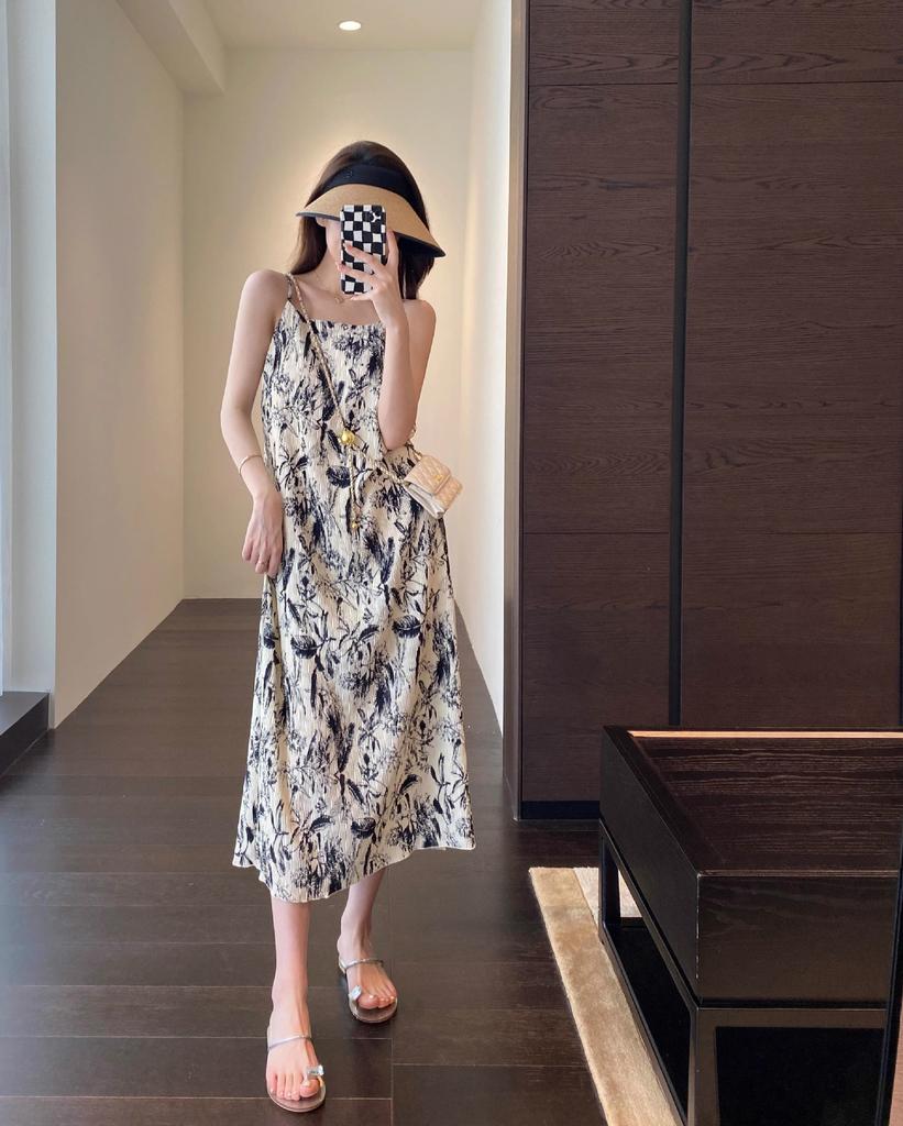 Smart and Elegant, Heavy Industry Pleated Double-layer Craft Printing Holiday Dress Suspender Skirt Women's Summer New