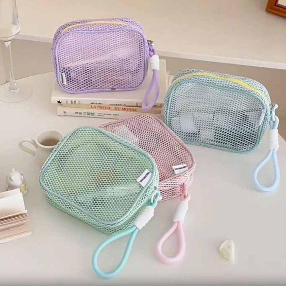 Large Capacity Mesh Cosmetic Bag Solid Color Pillow Makeup Pouch Transparent Makeup Bag  Outdoor
