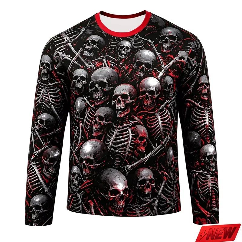 Men Gothic Full Print Skull Skeleton Long Sleeve T Shirt Halloween Punk Print Y2K Hip Hop Family Matching Casual Fitness Tops