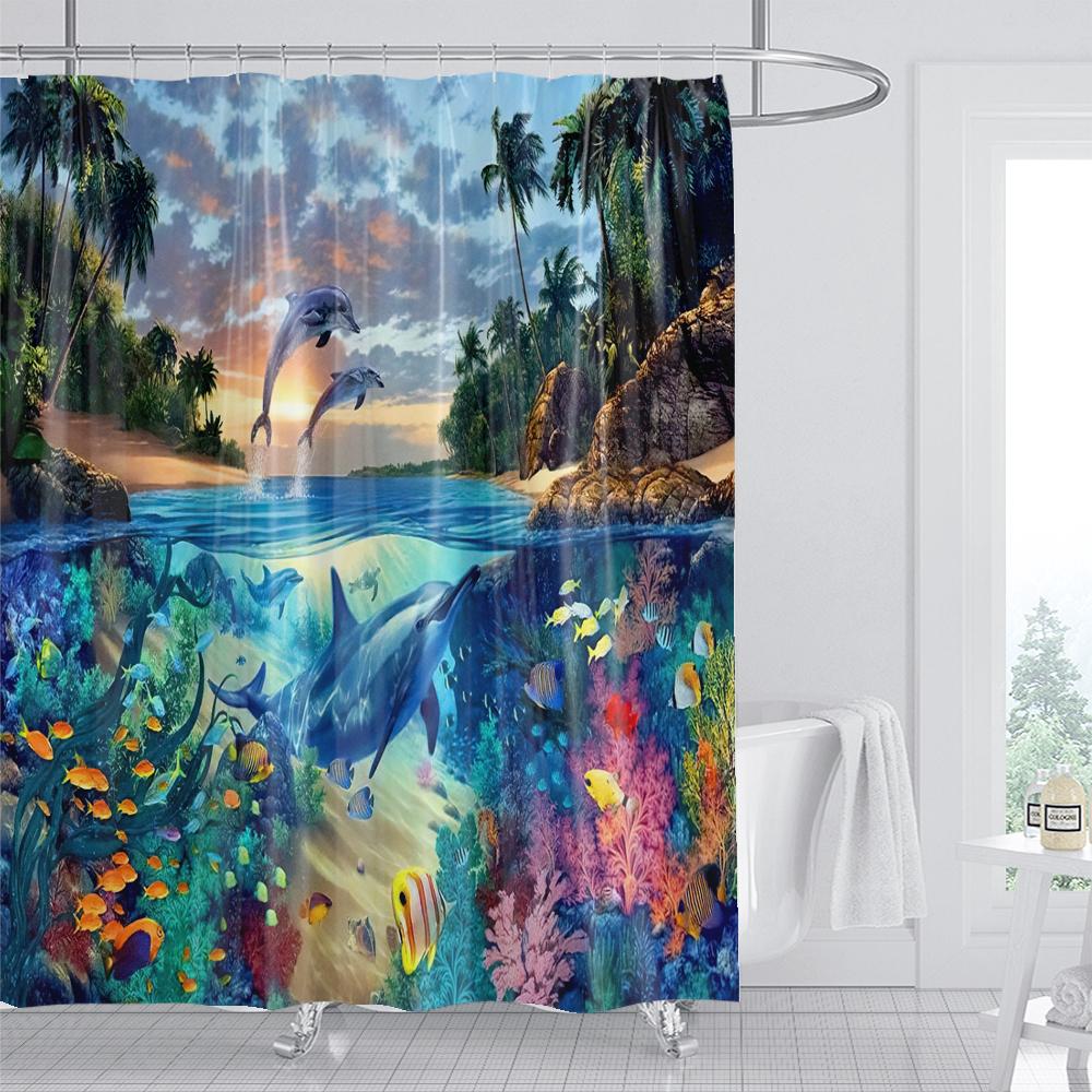 1PC Dolphin Shower Curtain Blue Ocean Biological Polyester Fabric Children's Ocean Theme Bathroom Decoration Shower Curtains