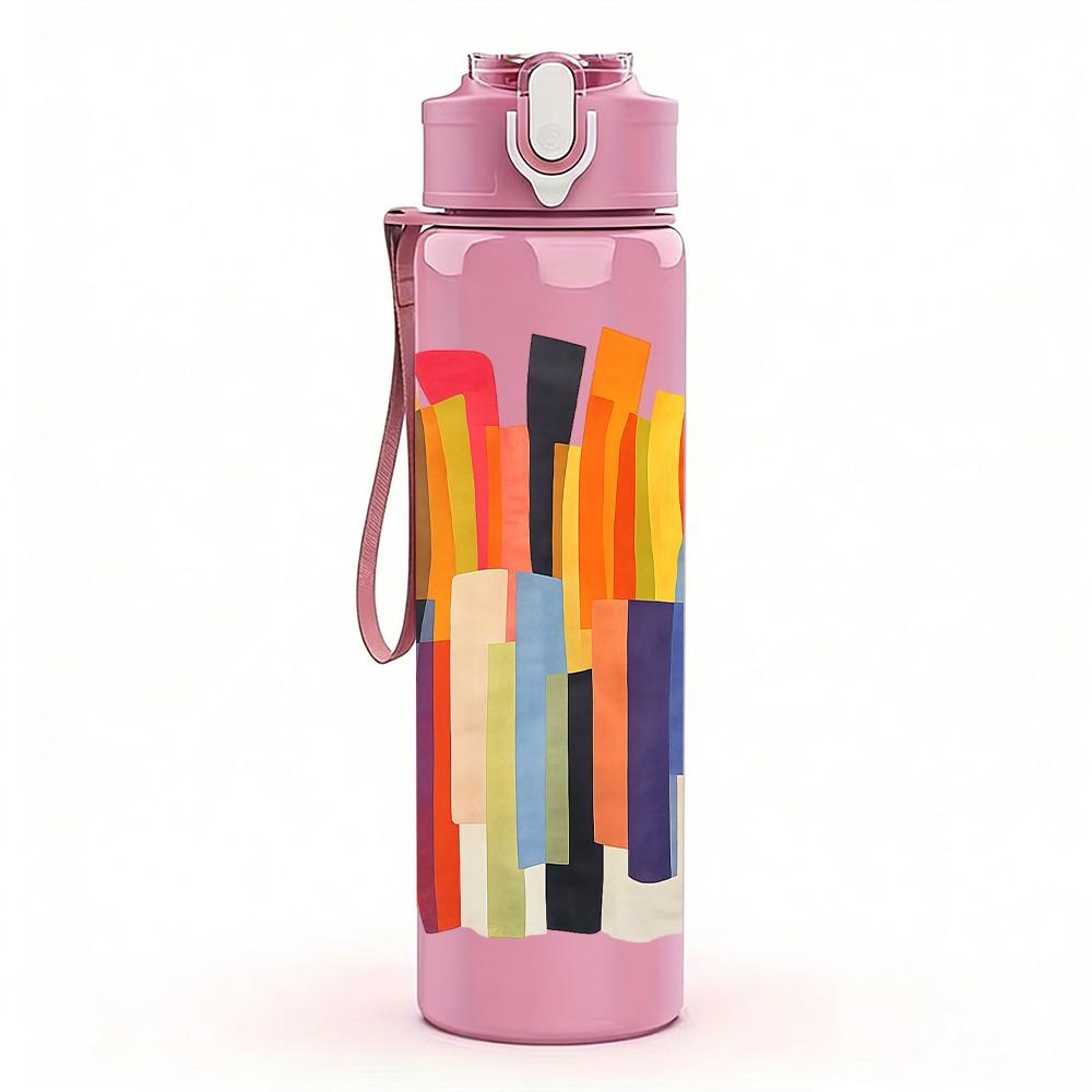 1PC Stacked Colorful Pencil Art Print 750ml Color Plastic Sports Water Bottle Leakproof Flip Straw Lid Suitable for Sports Office Home Use