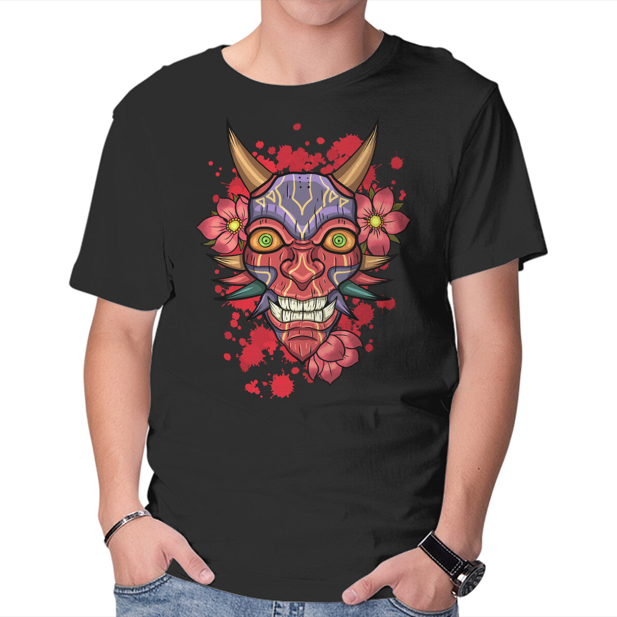 Unisex Crew Neck T-Shirt Oni Mask Graphic Short Sleeve Casual Tee L
