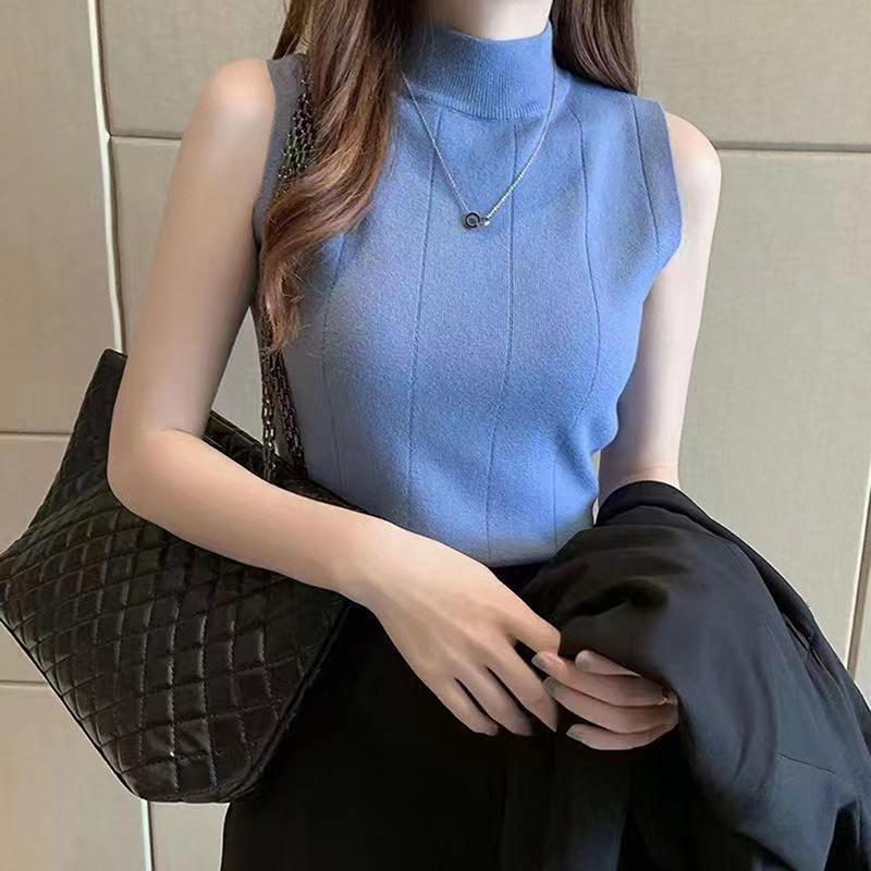 Modisches Strick-Tanktop mit halbem Rollkragen Sommer Damen Lässig Unifarben Ärmellose Weste