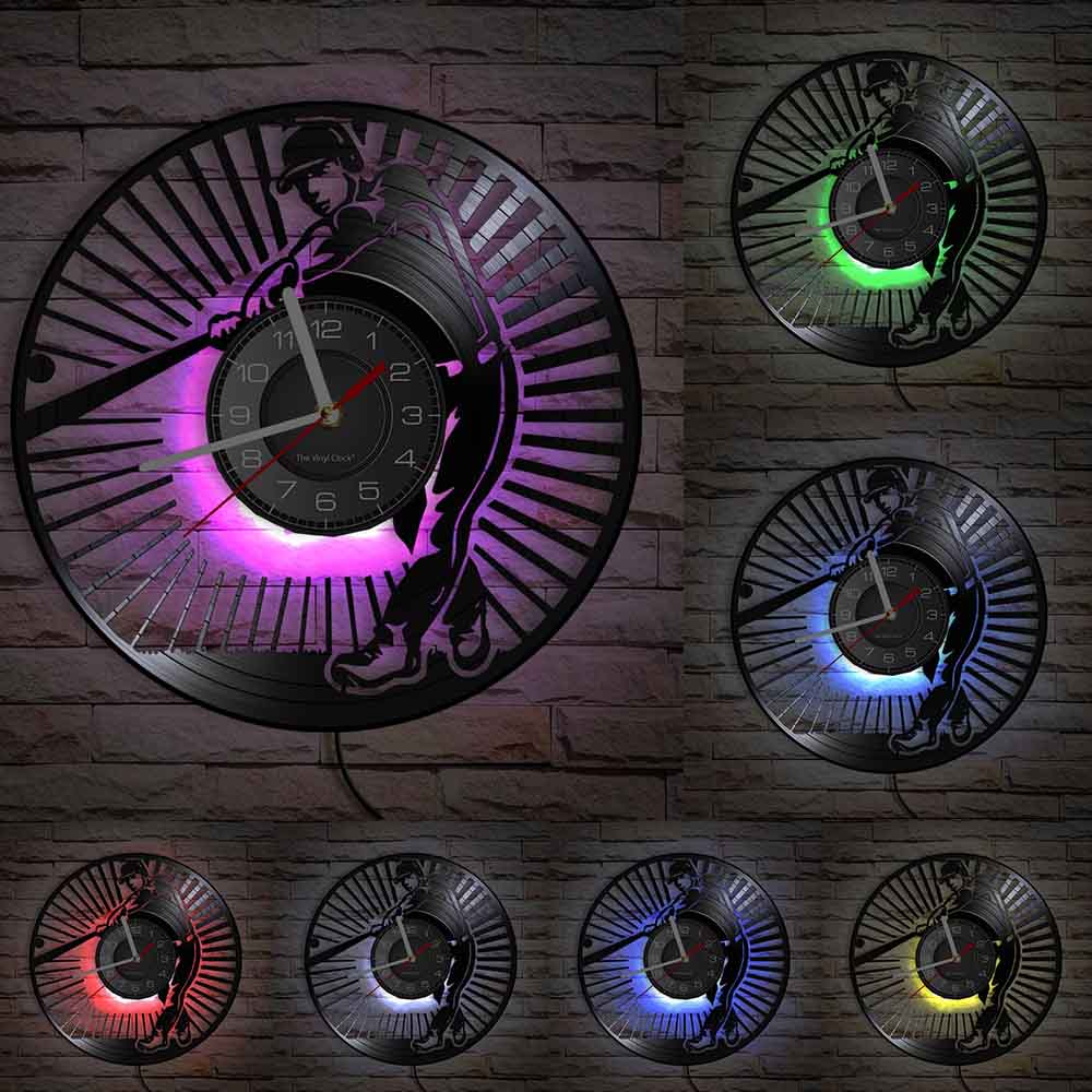 Baseball Player Silhouette Wall Art Clock Softball Vintage Vinyl Record Wall Clock Softball Club Sports Room Decor Baseball Gift