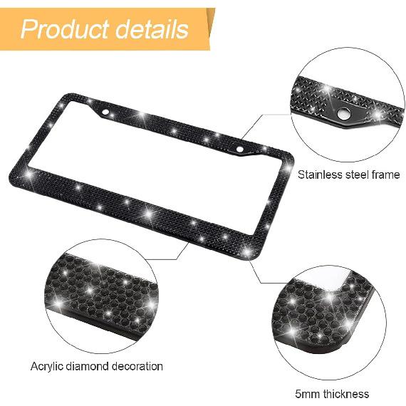 Bling Car License Plate Frame, Handcrafted Crystal Stainless Steel License Plate Frame, Sparkly, Durable, Universal Fit, Car Accessories For Girls,