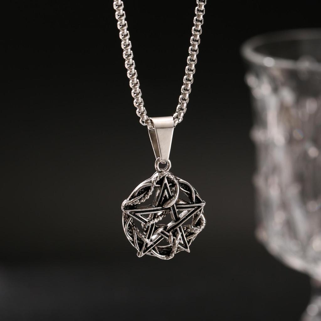 Gold & Silver Vine-Wrapped Inverted Pentagram Square Bead Choker Necklace - 304 Stainless Steel