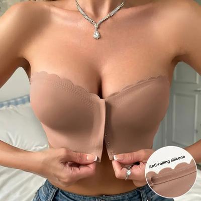 Strapless Bras for Women Wireless Front Closure Bandeau Bra Padded Seamless Push Up Bralettes Gathering Bra