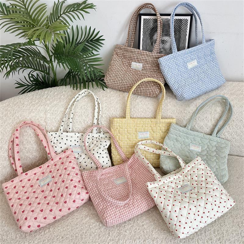 Cute Quilted Padded Heart Plaid Shoulder Bag Handbag Large Capacity Casual Commuting Tote Bag Storage Bag Girl Heart Clutch Gift