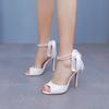 11cm White Wedding Heels for Ladies Pearl Ankle Strap Back Lace Bowknot Sandals Women's Elegant Dress Shoes Sandalias De Mujer