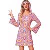New Women's Halloween Vintage Hippie Trumpet Sleeve Printed Women's Dress