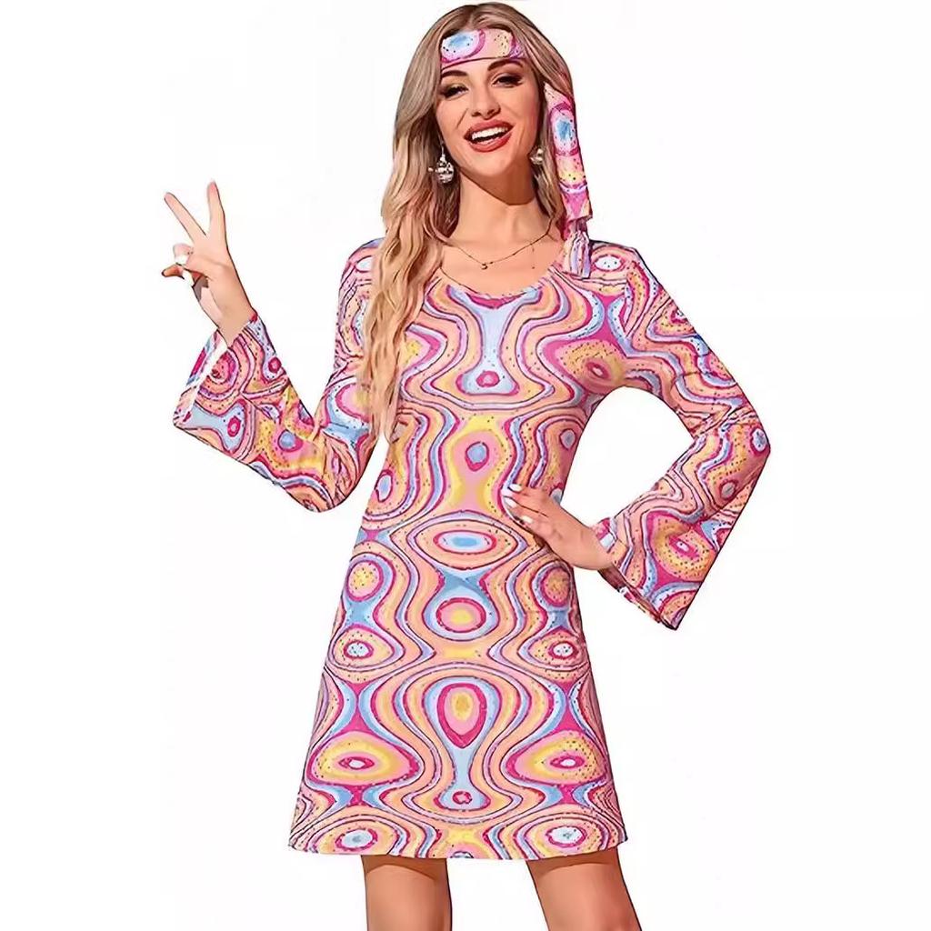 New Women's Halloween Vintage Hippie Trumpet Sleeve Printed Women's Dress