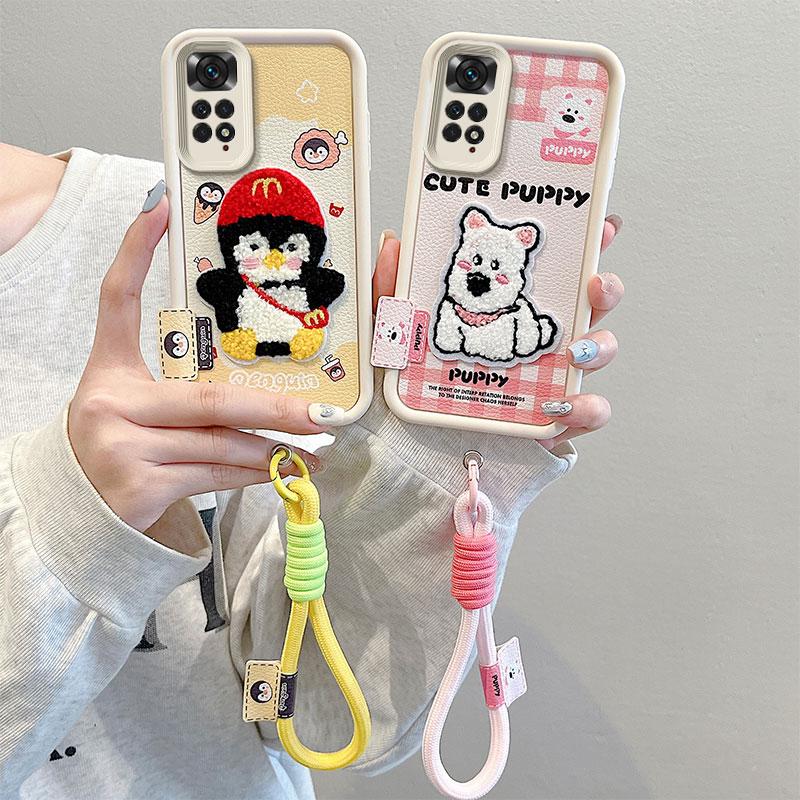 KEYSION Cartoon Cute Plush Embroidery Case for Redmi Note 11 Pro 5G 11S with Lanyard Silicone Shockproof Phone Cover for Redmi Note 12 Pro 4G