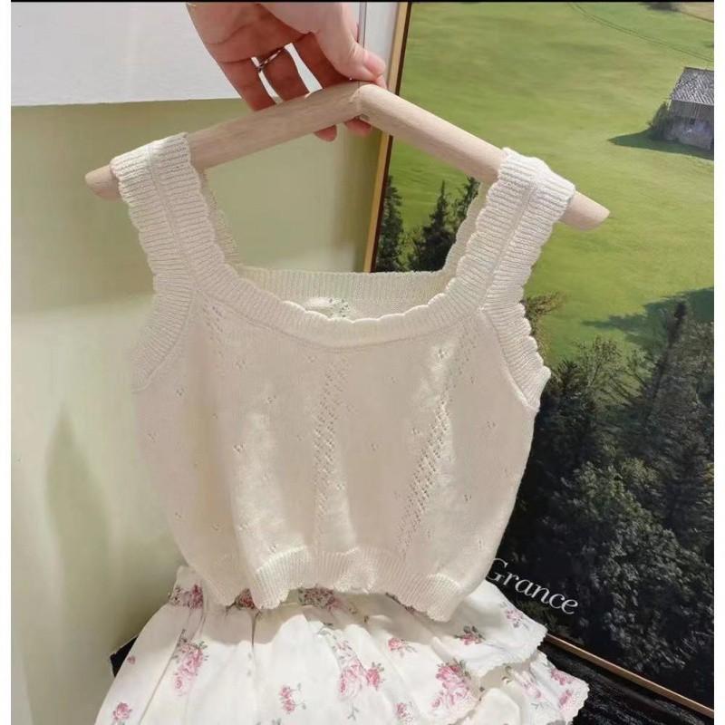 

Adorable Korean Kids Summer Ensemble Charming Two Piece Set Featuring Delicate Knitted Tank Top And Stylish Bloomer Shorts For Girls White Strap,130cm/51.18in