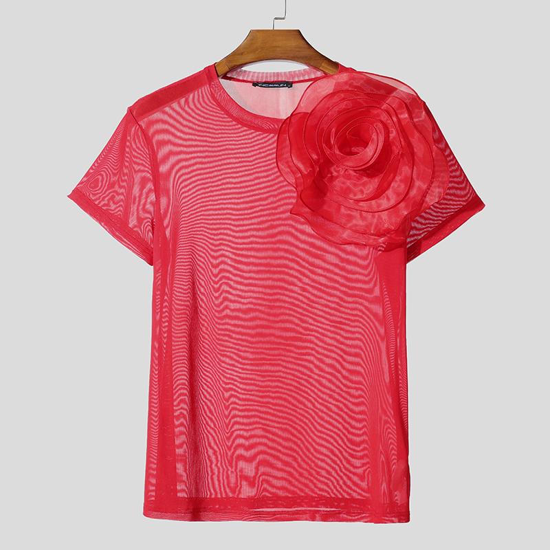 

INCERUN Мужские прозрачные футболки с коротким рукавом и крупным цветочным узором 3XL красный