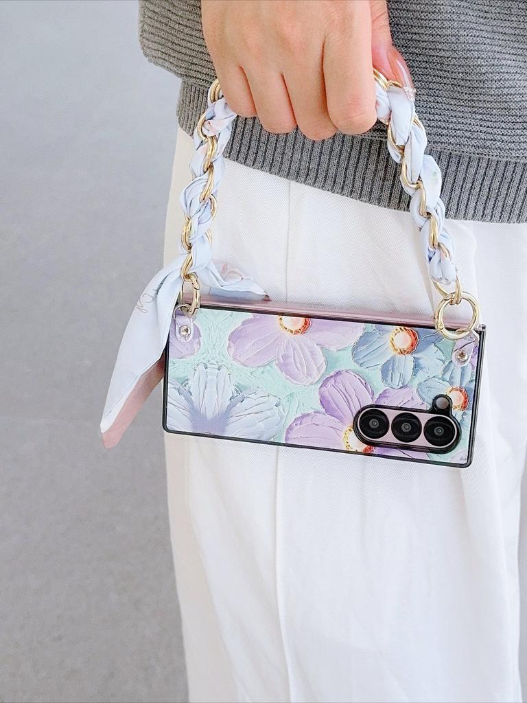 PU Leather Flower Cover with Hinge Protection & Scarf Wrist Chain Strap Bracelet For Samsung Galaxy Z Fold 6 5 4 3 5G Phone Case