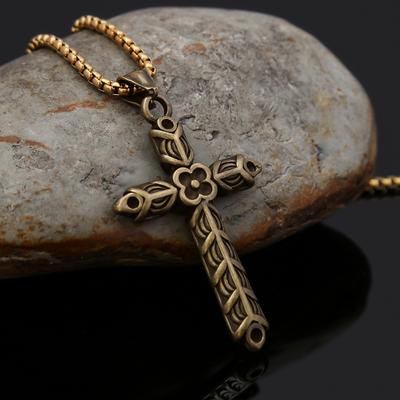 Retro Non-fading Titanium Steel Cross Necklace Flower Pendant Men's Stainless Steel Neck Chain Jewelry