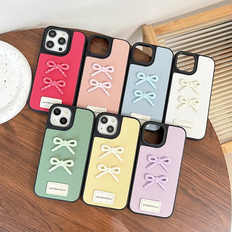 Apple 16 Leather Solid Color Mobile Phone Case Simple Application Iphone15Promax Bow 17 Women'S Internet Celebrity 14