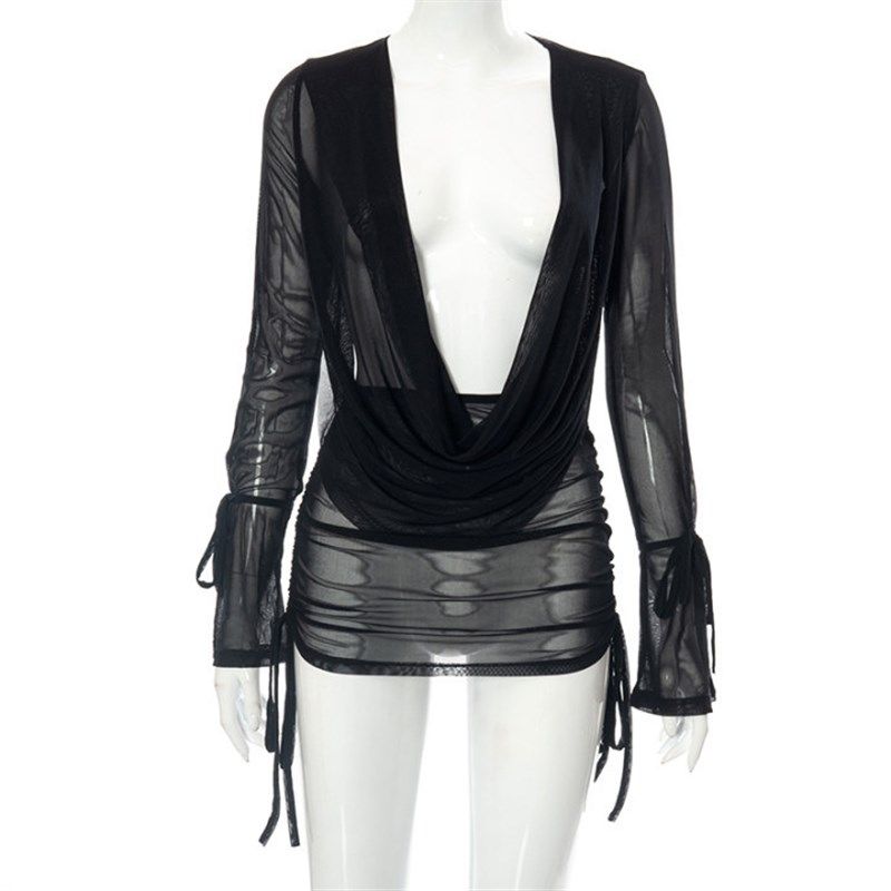 

Womens Pure Pile Collar Mesh Pleated Twopiece Set Black L