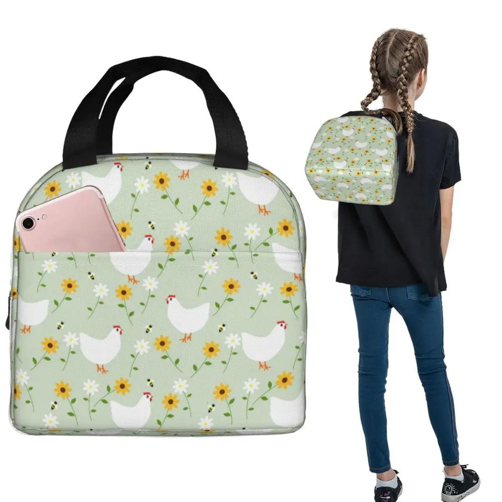 White Chickens And Floral Pattern Insulated Lunch Bag for Women Kids Leakproof Food Boxes Thermal Lunch Box Tote