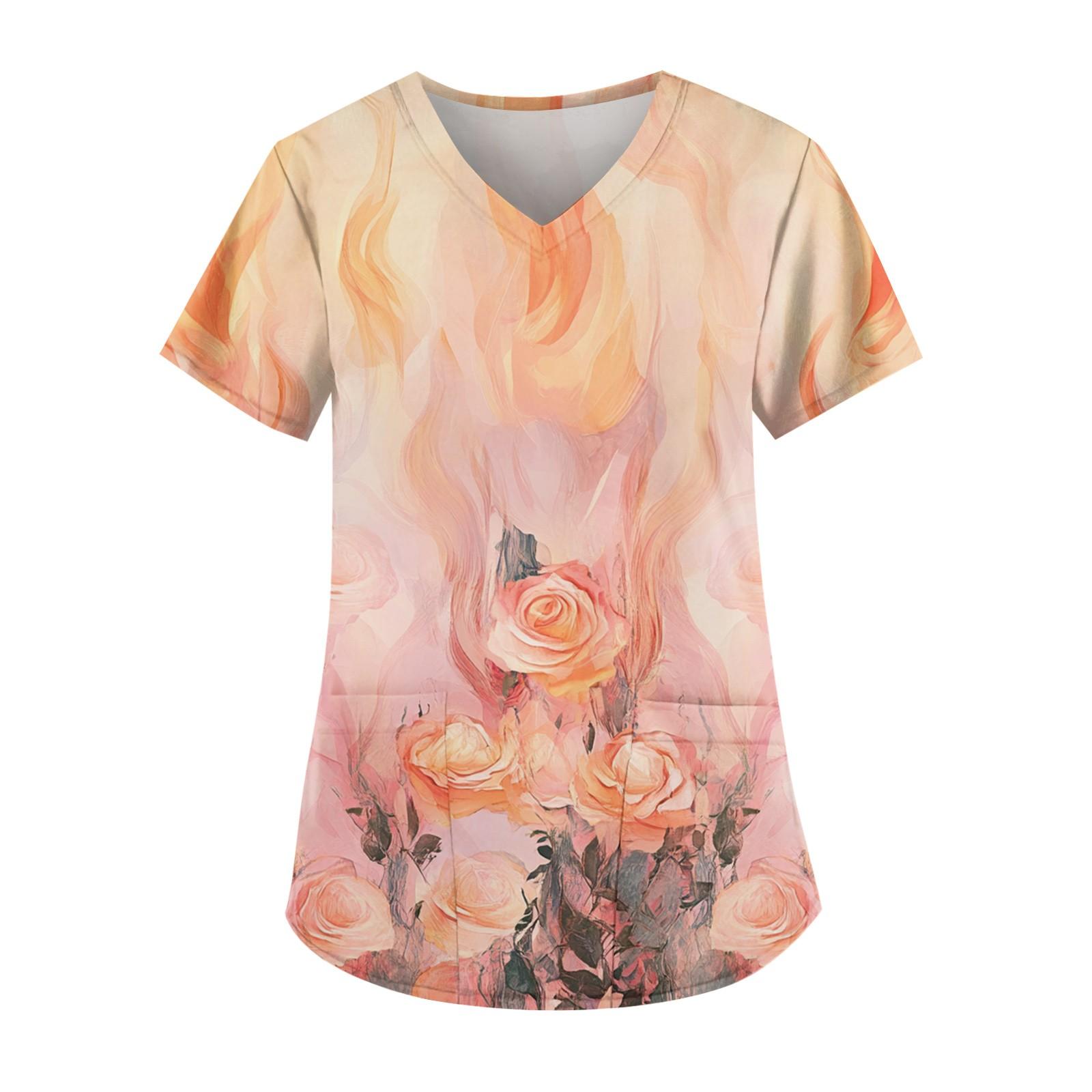 

Робоча уніформа з друкованим малюнком великого розміру Топи для жінок з V-подібним вирізом і короткими рукавами Веселі футболки Робочий одяг Футболка з кишенями M помаранчевий