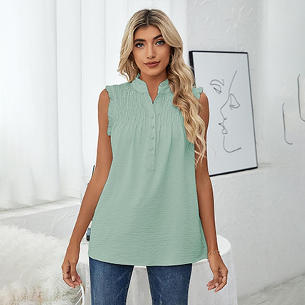Summer Women's Vest Sleeveless High Neck Button-frilly Loose Casual Top