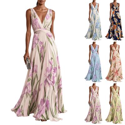 Women's Elegant Floral Print Sleeveless V-Neck Maxi Evening Dress for Formal Events