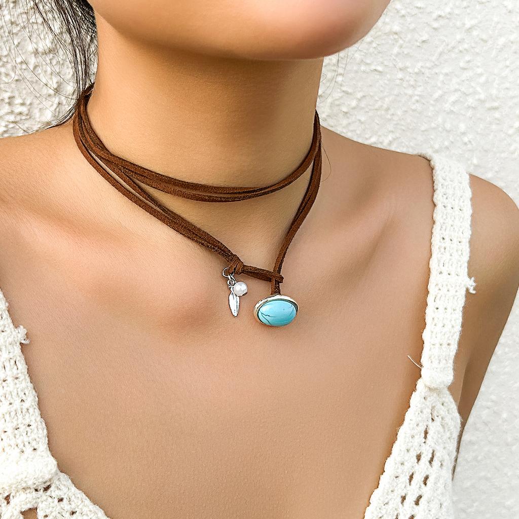 Ethnic Wind Turquoise Double Layer Korean Velvet Collarbone Chain Choker Sweet Cool Simple Necklace Female Jewellery