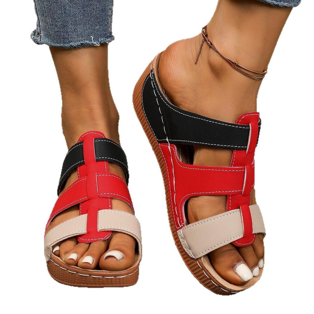 Color matching hollow thick-soled one-word slippers women's sewing line slope heel beach cool slippers