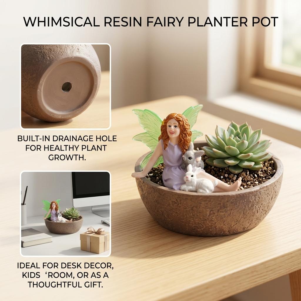 Resin Girl Rabbits Mini Landscape Planter Pot Succulent Decoration Elf Ornament With Drainage Hole For Small Plants