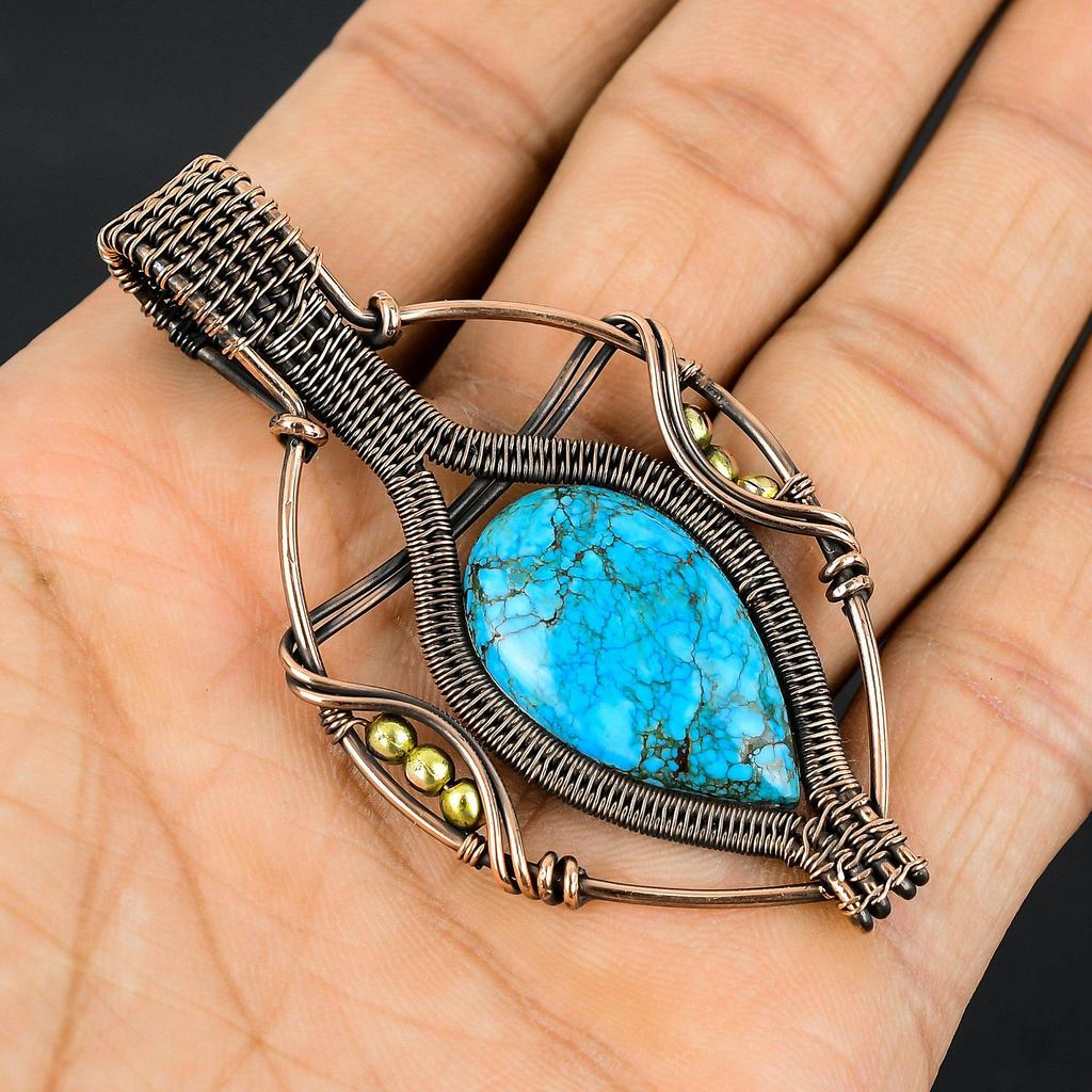Tibetan Turquoise Pendant, 999 Copper Wire Wrapped Gemstone Jewelry, Handmade Pendant, For Thanksgiving