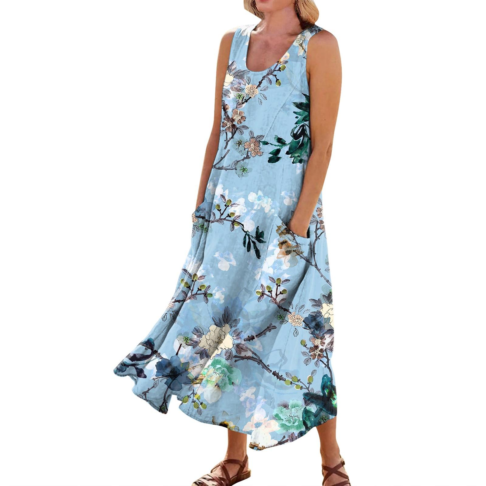 

Женское повседневное удобное хлопковое карманное платье без рукавов с цветочным принтом XXXL