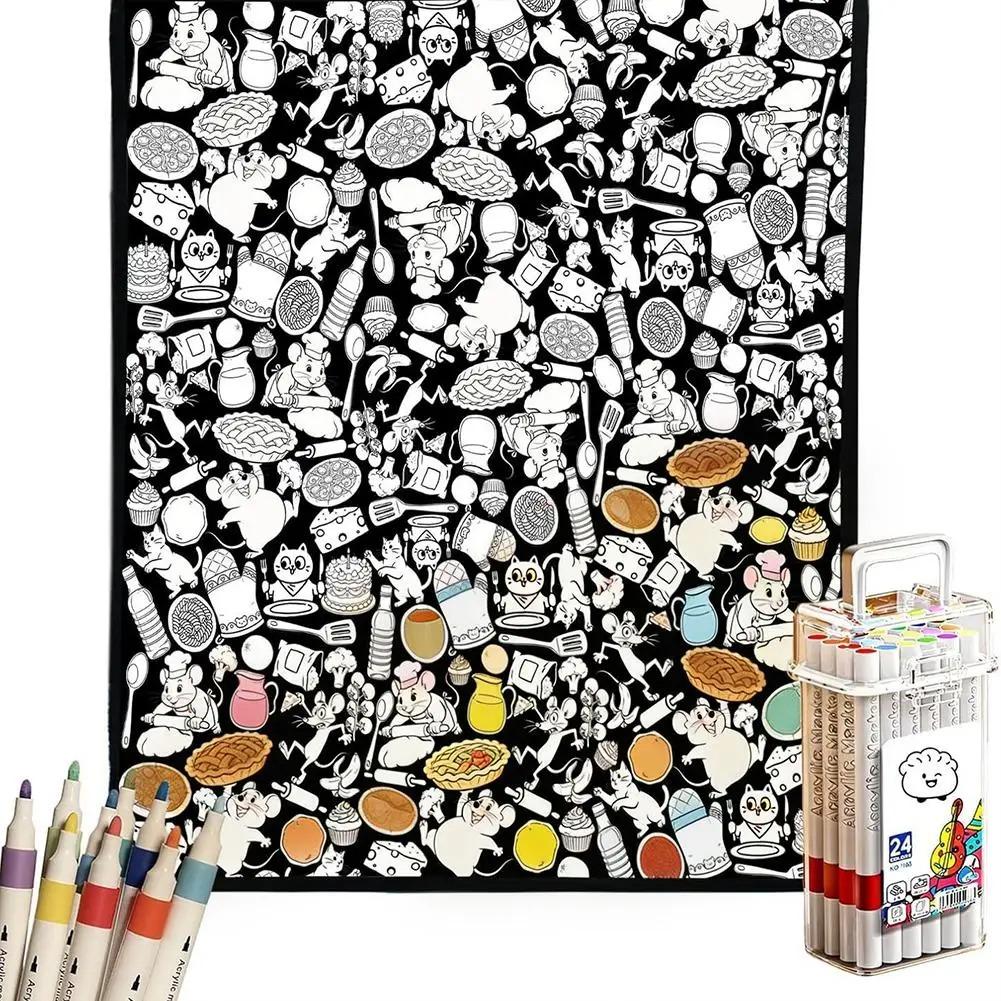 DIY Coloring Blanket With 24 Color Acrylic Markers Floral Theme Cloth Painting Throw Blanket For Sofa Bedroom Decor Gift