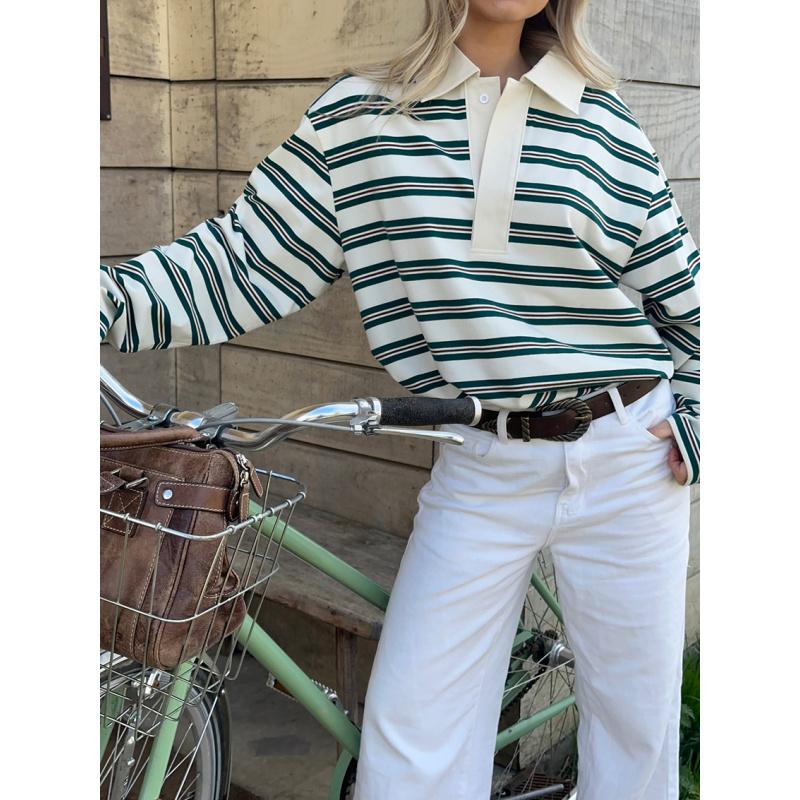 Spring New Loose Striped POLO Collar Long-Sleeve Top With A Stylish Design Suitable For Casual And Commuting