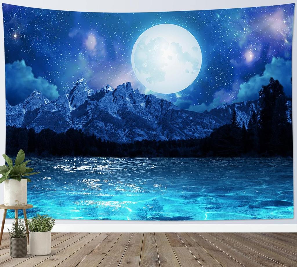 Moon Over Ocean Tapestry Full Moon Night Sky with Cherry Blossom Tree Wall Tapestry for Bedroom Cloud Pink Floral Wall Hanging