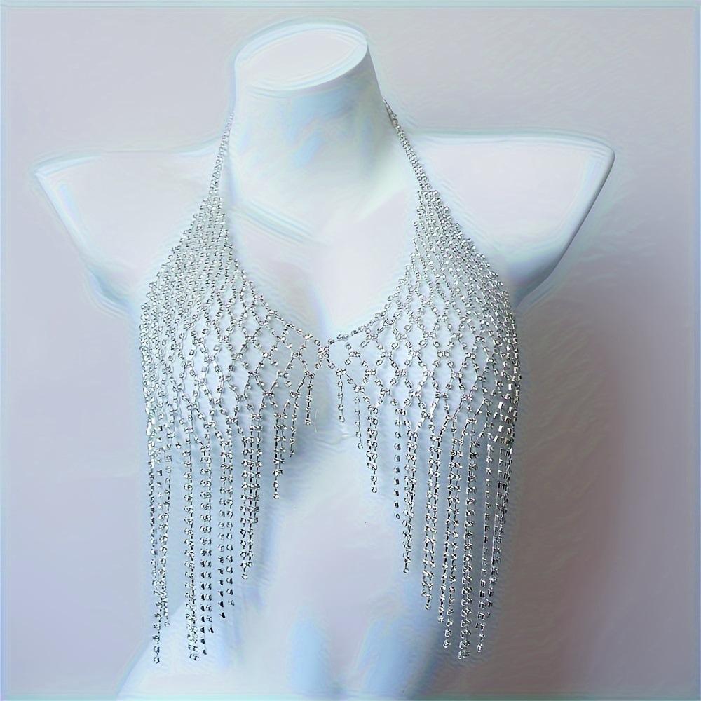 Summer Nightclub European And American Hollow Mesh Fringed Rhinestone Breast Chain, Exaggerated Women'S Love Underwear Jewelry