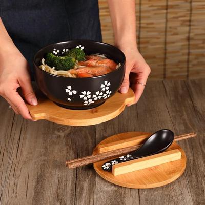 Schwarze Keramik-Suppenschüssel mit Deckel & Löffel - Koreanischer/Japanischer Stil für Instant-Nudeln, Reis oder Restaurantgebrauch.