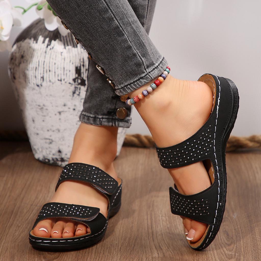 2025 Summer New Foreign Trade Women's Shoes Hollow European and American Velcro Sandals Wedge Heel Large Size Women's Color Matching Cool Slippers