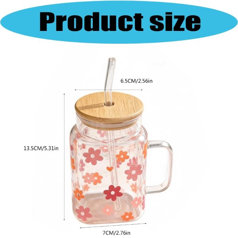 Premium Glass Tumblers With Ergonomic Handle And Straw Wooden Lid For Hot and Cold Drink Juice Coffee Tea Drinking Mug