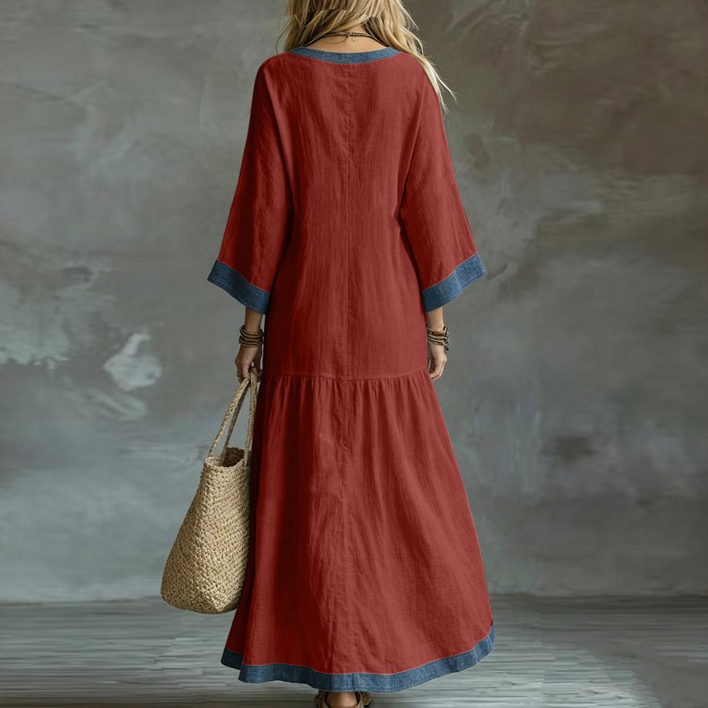 Women's V-Neck Loose Fit Bohemian Patchwork Slit Dress