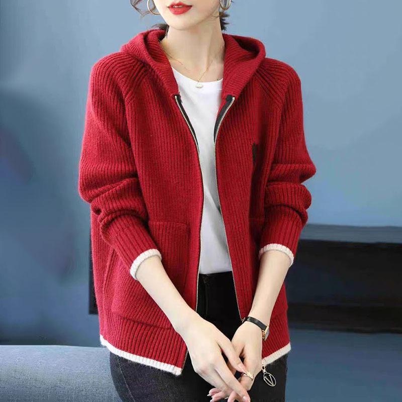 Sweaters Coat Cardigan for Women Autumn Winter Zipper Loose Long Sleeve Solid Color Hooded Knit Sweaters Jacket