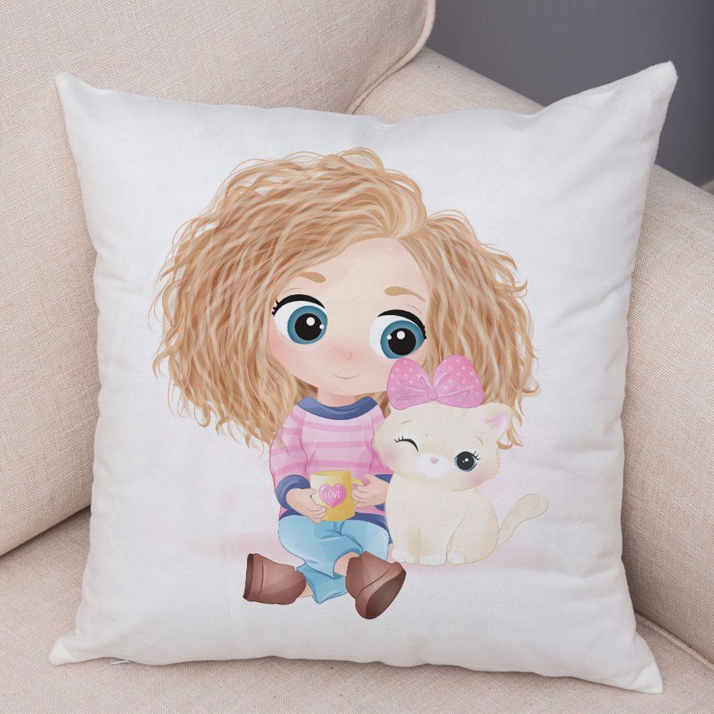 Lovely Girl and Cat Pillowcase Decor Cute Cartoon Child Cushion Cover Pillow Case for Children Room Sofa Home Car 45x45cm
