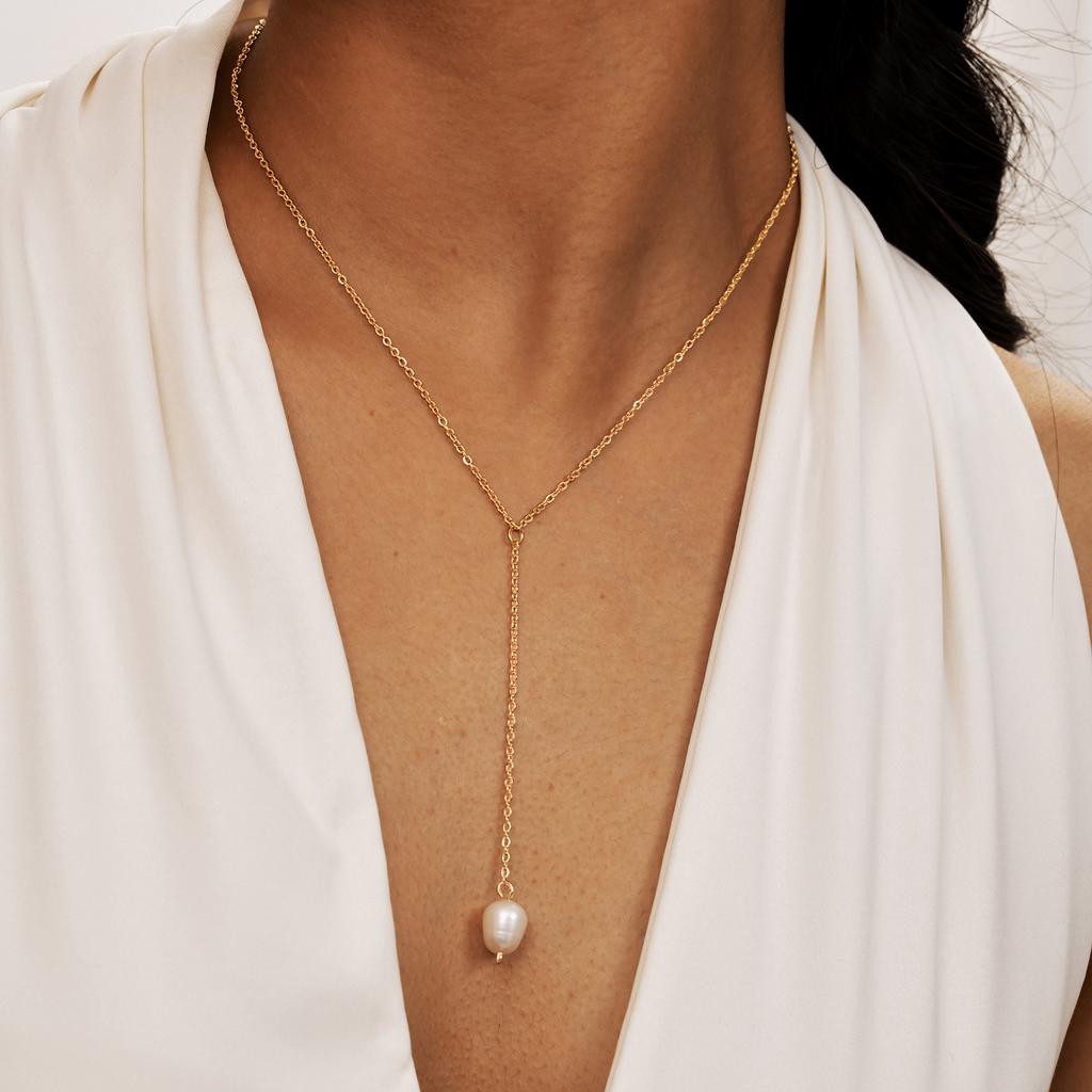 Pearl Y Necklace, 18K Gold Plated Stainless Steel, Waterproof Tarnish Free Lariat Choker Layering Jewelry Gift for Her