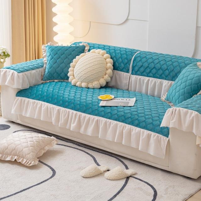 Quilted Ruffle Skirt Cover For Sofa Velvet Non -Slip Corner Couch Slipcover Armchair Towel Furniture Protector