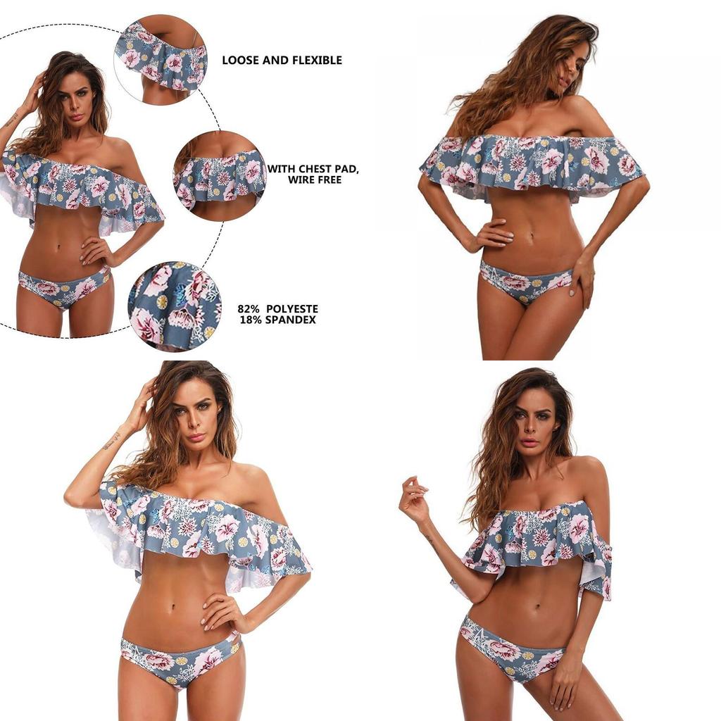Sexy schulterfreier Bikini mit Rüschenkanten und floralen Akzenten Hochwertiges Polyester-Material