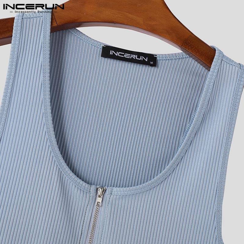 INCERUN Letní pánské bez rukávů s výřezy na zip jednobarevné ležérní žebrované tílko