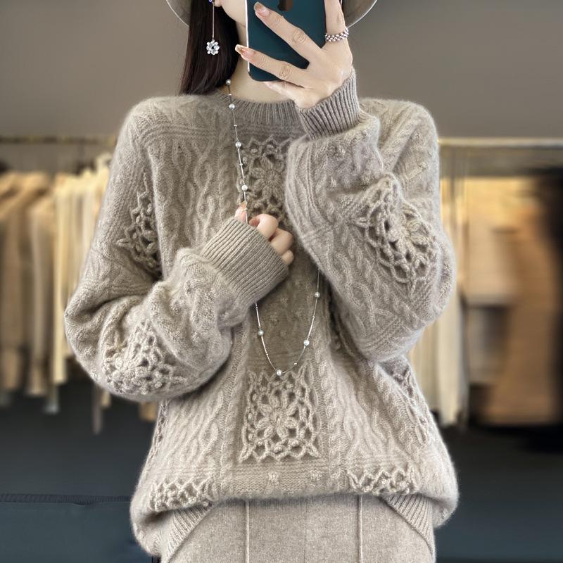 Women's 100% Pure Wool Crochet Loose Round-Neck Sweater - Heavy-Duty Trendy Base Layer